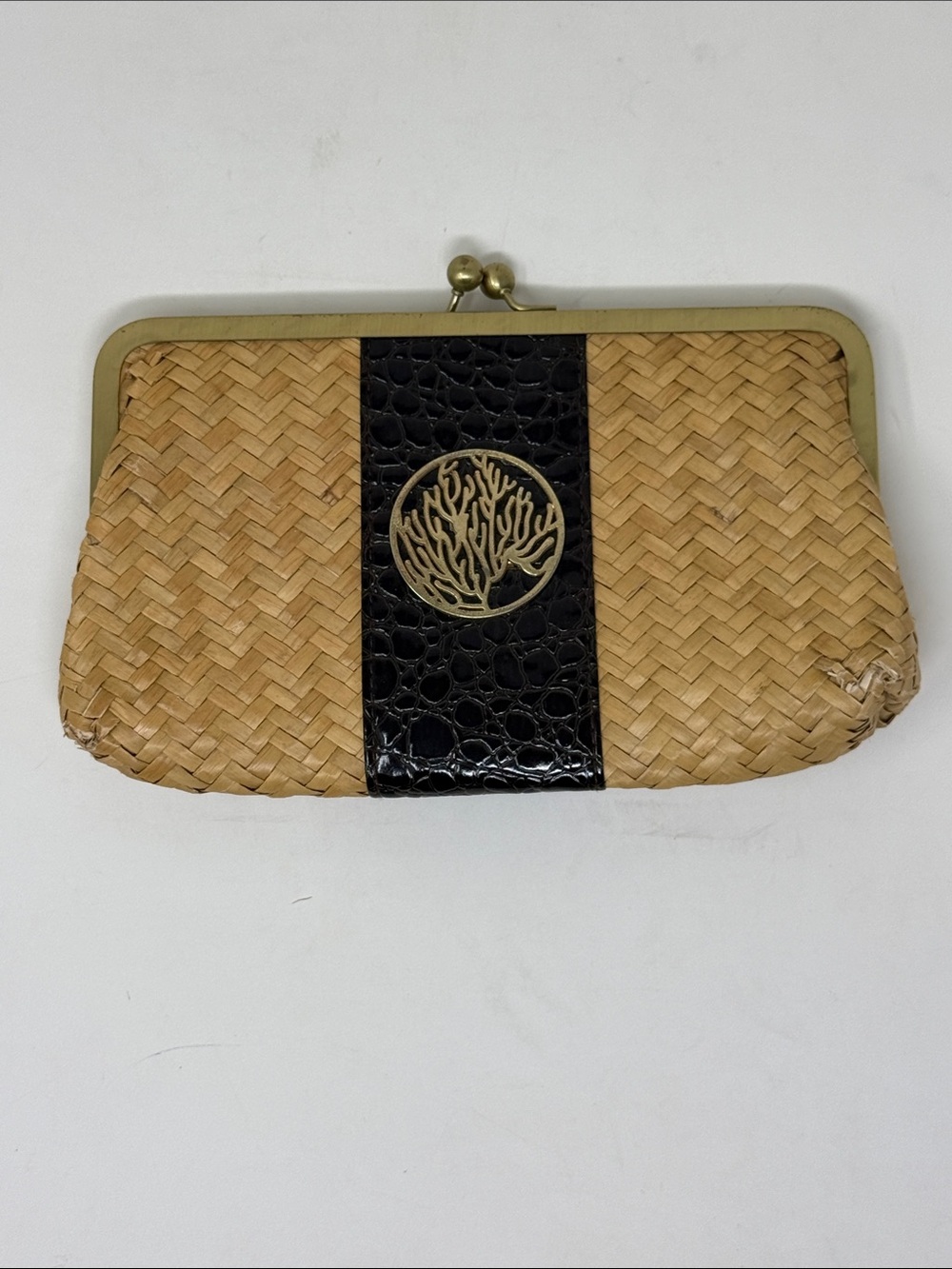 MudPie Woven Straw Clutch with Black Trim and Coral Emblem